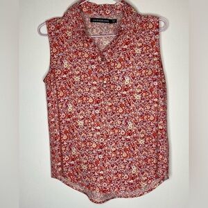 CALVIN KLEIN Top Sleeveless Snaps In Front Red Floral Fabric Size XS